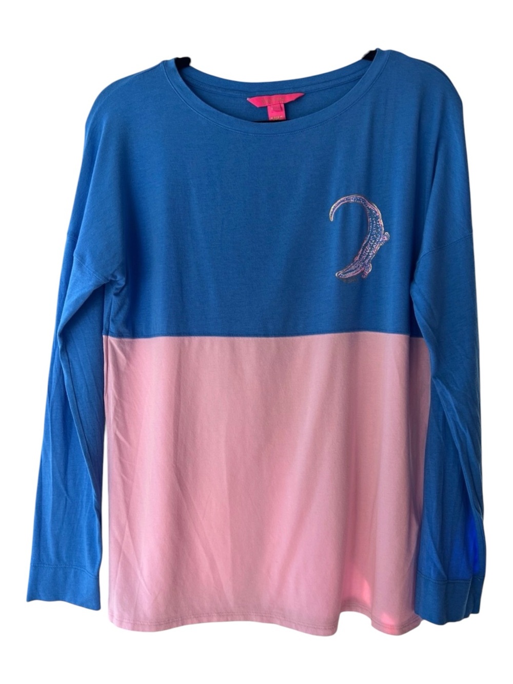 Lilly Pulitzer Finn Top Long Sleeve Coastal Blue Embroidered Gator Graphic Sz M - Picture 3 of 11